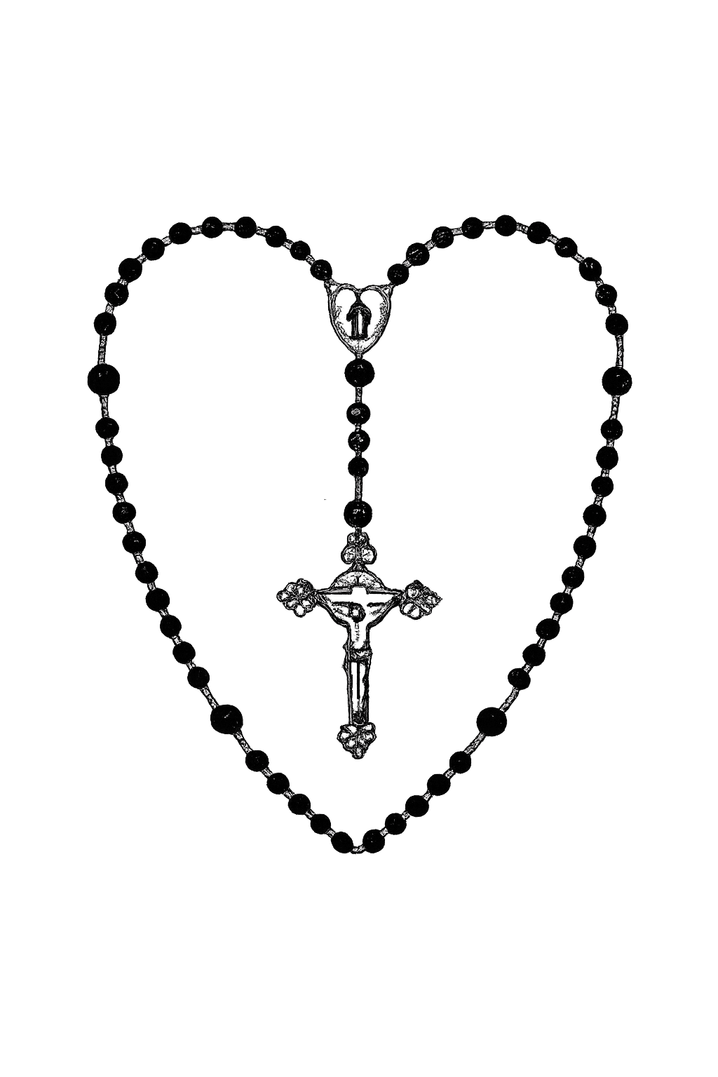 A black-beaded rosary with a silver crucifix, laid out in the shape of a heart